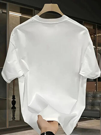 Pembe Panter Baskılı Erkek Oversize Günlük Kısa Kollu Tişört İlkbahar ve Yaz için Mükemmeldir - Beyaz