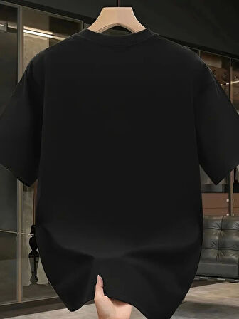 Pembe Panter Baskılı Erkek Oversize Günlük Kısa Kollu Tişört İlkbahar ve Yaz için Mükemmeldir - Siyah