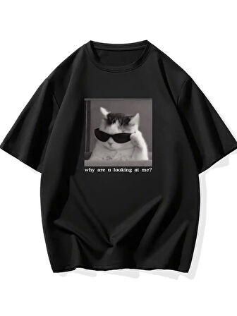 "Neden Bana Bakıyorsun?" Komik Kedi Grafik Tişört - Dijital Baskılı Siyah Bol Kesim Streetwear Tişört, Erkekler için Dört Mevsim Günlük Gömlek - Siyah