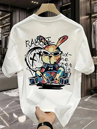 Güneş Gözlüğü Grafikli Karikatür Tavşan Oversize Kısa Kollu Tişört Çift Tişört, İlkbahar Ve Yaz - Beyaz