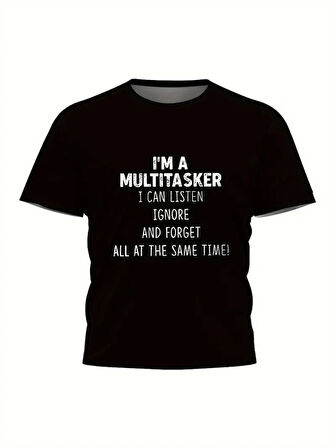 Erkekler İçin Tişörtler, Komik 'Multitasker' Baskılı Tişört, Yaz İlkbahar Sonbahar İçin Günlük Kısa Kollu Oversize Tişört, Hediye Olarak Üstler - Siyah