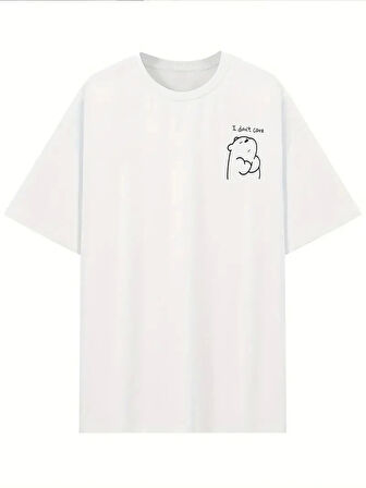 [Günlük T-Shirt] Hafif Kadın Günlük T-Shirt | Bol Kesim, Kısa Kollu, Yuvarlak Yaka, Eğlenceli Karikatür Ayı ve "Umrumda Değil" Baskı - Günlük Stil, İlkbahar/Yaz- Beyaz