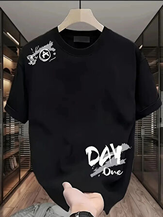 20/1 Penye Compack Day One Baskılı Oversize Bisiklet Yaka T-shirt - Siyah