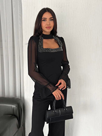 Penye Uzun Kollu Kadın Kolları Şifon Göğüste İnci Boncuk detaylı Bluz - Siyah
