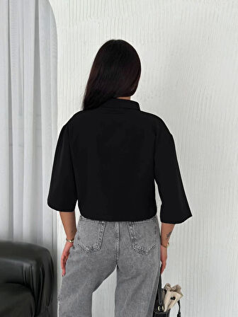 Z Krep Kadın Crop Yakalı Gömlek İlik Düğmeli Üç Çeyrek Sleeve Kol - Siyah