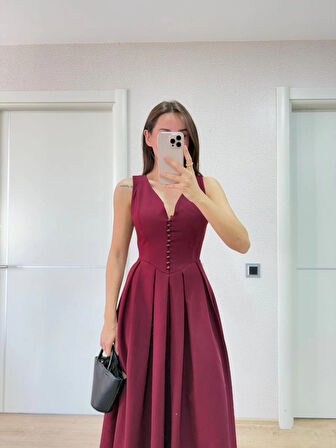 V yaka Krep Arka Ön Pens Detaylı Uzun Kolsuz Elbise - Bordo