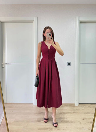 V yaka Krep Arka Ön Pens Detaylı Uzun Kolsuz Elbise - Bordo