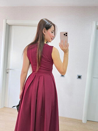 V yaka Krep Arka Ön Pens Detaylı Uzun Kolsuz Elbise - Bordo