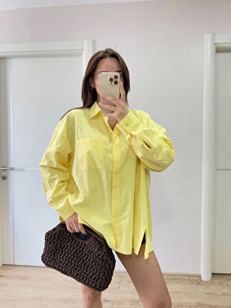 Poplin Kadın Yakalı Yandan Yırtmaçlı Arka Pens Detaylı Gömlek - Sarı