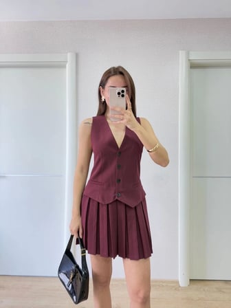 Keten Takım Görünümlü Düğme Detaylı Yelekli Mini Elbise - Bordo