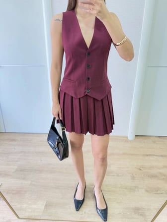 Keten Takım Görünümlü Düğme Detaylı Yelekli Mini Elbise - Bordo