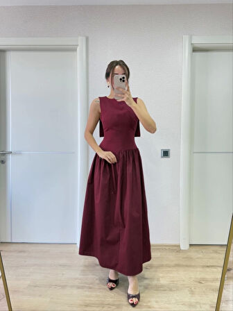 Krep Arkası Kanat Arka Ön Pens Detaylı Uzun Kadın Elbise - Bordo