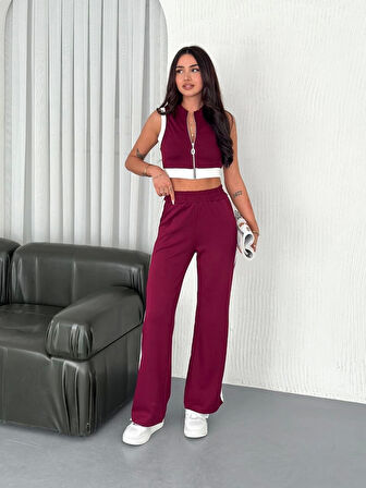 Osy Modal Yumuşak Dokulu Kumaş Tam Fermuarlı Crop Pantalon İkili Takım - Bordo