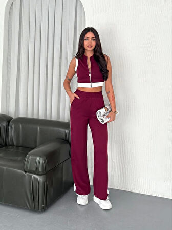 Osy Modal Yumuşak Dokulu Kumaş Tam Fermuarlı Crop Pantalon İkili Takım - Bordo