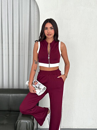Osy Modal Yumuşak Dokulu Kumaş Tam Fermuarlı Crop Pantalon İkili Takım - Bordo