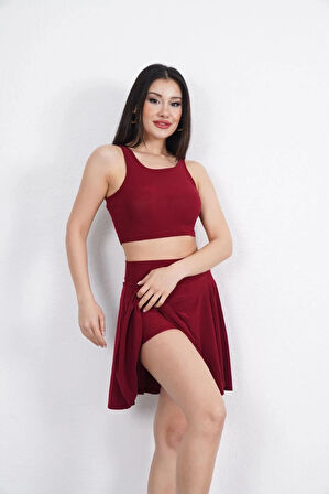 Sendy Kumaş Bisiklet Yaka Crop Şortlu Etek ikili Takım - Bordo