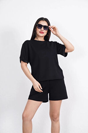 Osy Modal yumuşak dokulu Kumaş Kadın Bisiklet Yaka T-shirt Kısa Şort İkili Takım - Siyah