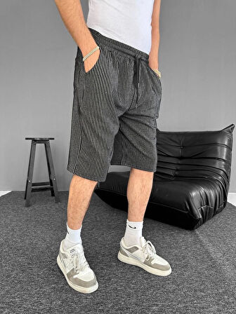 Su Yolu Çizgili Ön Arka Cepli Şort Yazlık Nefes Alabilir - Siyah