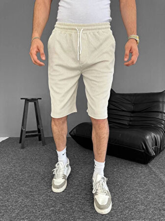 Su Yolu Çizgili Ön Arka Cepli Şort Yazlık Nefes Alabilir - Bej