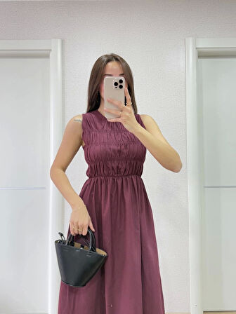 Kolsuz Göğüs Lastıklı %100 Poplin Uzun Elbise - Bordo