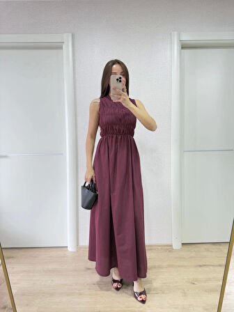 Kolsuz Göğüs Lastıklı %100 Poplin Uzun Elbise - Bordo