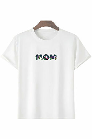 Anneler Gününe Özel Tasarım mom Çiçek Baskılı T-shirt - Beyaz