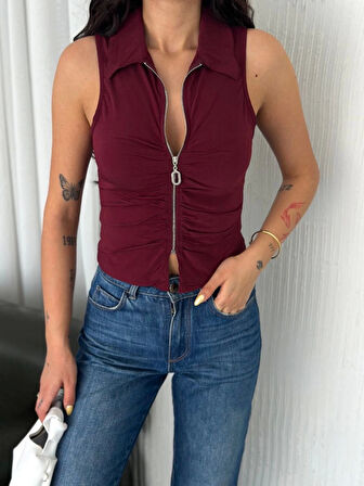 Yakalı Tam Fermuarlı Kolsuz Bluz - Bordo