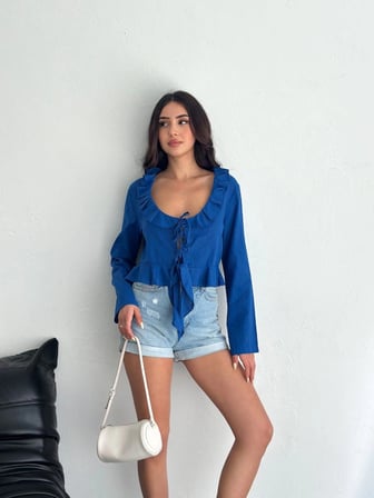 Keten Uzun Kol Bağacık Detaylı Bluz - Lacivert