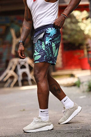 Erkek Palmiye Desenli Deniz Cepli Şort - Mavi