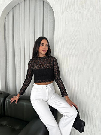 Kadın Dantel Uzun Kol Bluz- Siyah