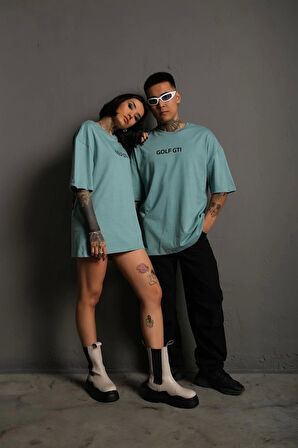 Erkek Sırt Golf Gtı Baskılı Oversize T-shirt - Mint Yeşili