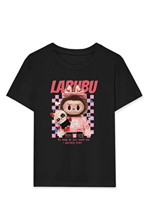 Kız Labubu Çocuk Baskılı T-Shirt - Siyah