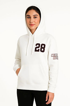 Kadın Üç İplik Kapüşonlu Ön ve Arka Baskılı SweatShirt hoodie - Beyaz