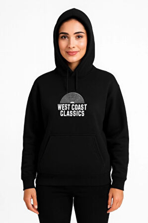 Kadın Üç İplik Kapüşonlu Ön ve Arka Baskılı SweatShirt hoodie - Siyah