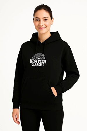 Kadın Üç İplik Kapüşonlu Ön ve Arka Baskılı SweatShirt hoodie - Siyah