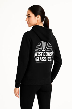 Kadın Üç İplik Kapüşonlu Ön ve Arka Baskılı SweatShirt hoodie - Siyah