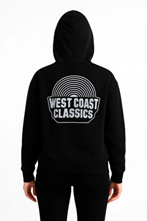 Kadın Üç İplik Kapüşonlu Ön ve Arka Baskılı SweatShirt hoodie - Siyah