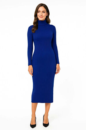Kadın Boğazlı Uzun Fitilli Triko Dokuma Elbise - Saks Mavisi