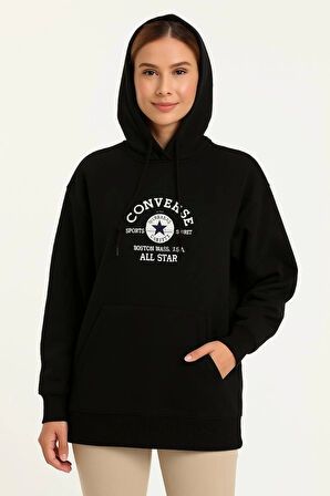Üç İplik Kapşonlu ön ve Arka Baskılı SweatShirt hoodie- Siyah
