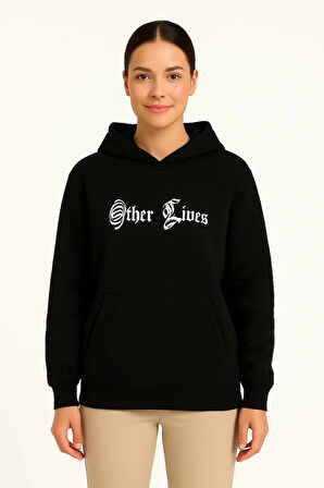 Kadın Üç İplik Kapşonlu ön ve Arka Baskılı SweatShirt hoodie- Siyah