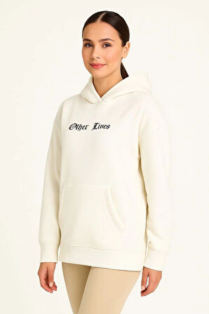 Kadın Üç İplik Kapşonlu ön ve Arka Baskılı SweatShirt hoodie- Beyaz