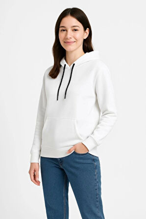Kadın Üç İplik Kapüşonlu Kanguru Çepli SweatShirt hoodie - Beyaz