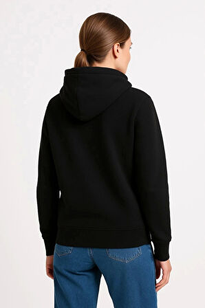 Kadın Üç İplik Kapüşonlu Kanguru Çepli SweatShirt hoodie - Siyah