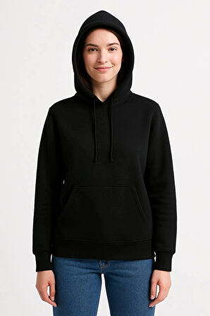 Kadın Üç İplik Kapüşonlu Kanguru Çepli SweatShirt hoodie - Siyah