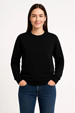 Kadın Üç İplik Düz Bisiklet Yaka SweatShirt  - Siyah