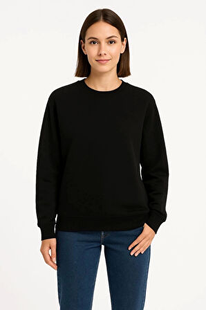 Kadın Üç İplik Düz Bisiklet Yaka SweatShirt  - Siyah