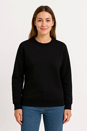 Kadın Üç İplik Düz Bisiklet Yaka SweatShirt  - Siyah