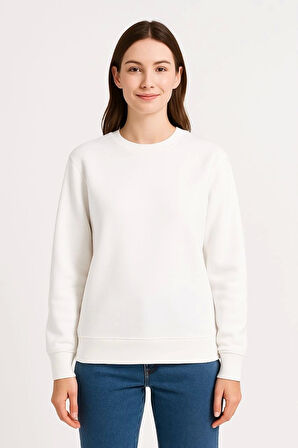 Kadın Üç İplik Düz Bisiklet Yaka SweatShirt - Beyaz