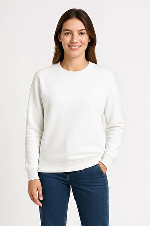 Kadın Üç İplik Düz Bisiklet Yaka SweatShirt - Beyaz