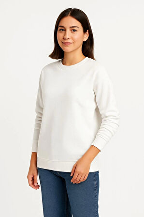 Kadın Üç İplik Düz Bisiklet Yaka SweatShirt - Beyaz
